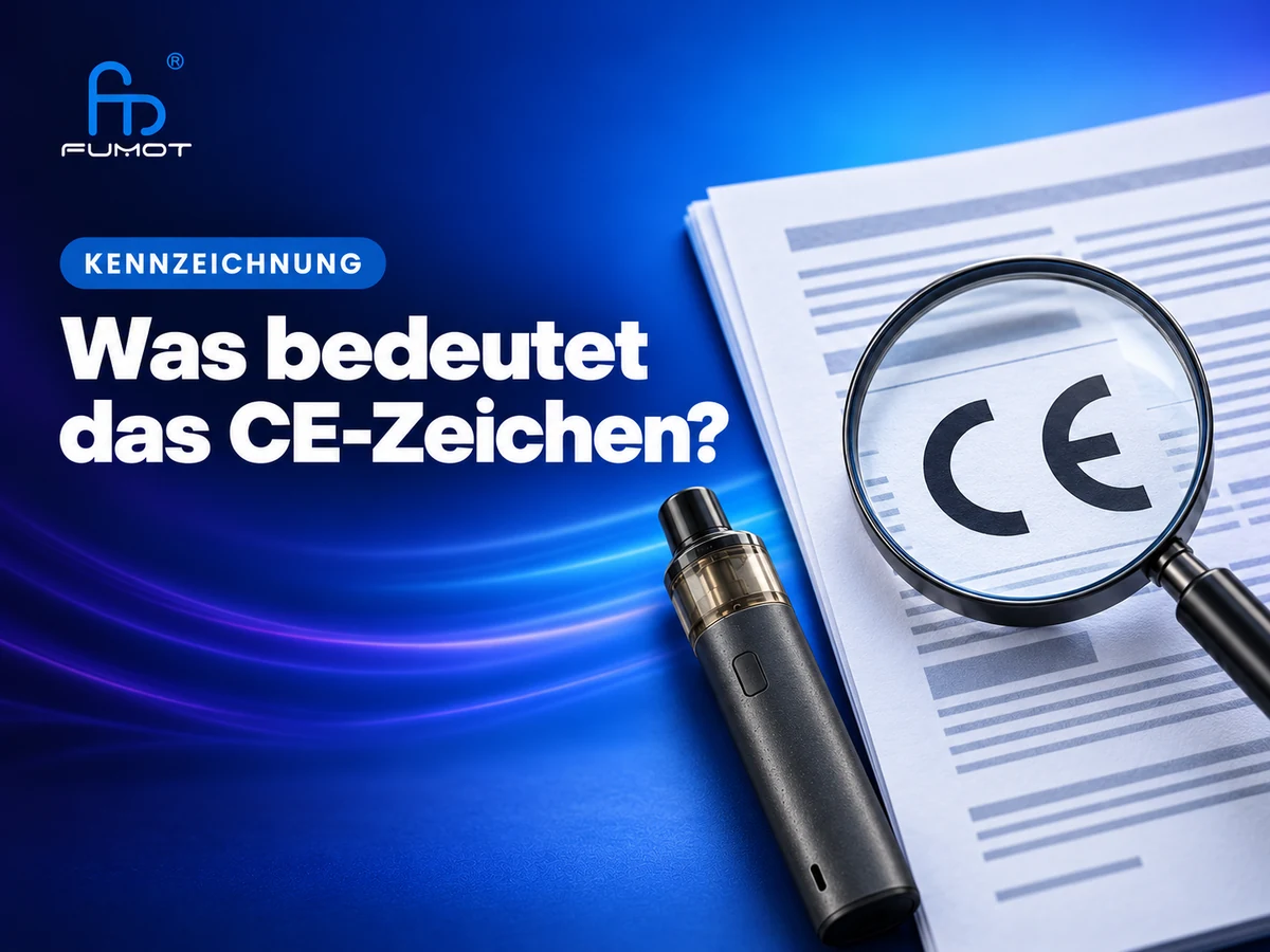 Lupe über dem CE-Zeichen auf einem schematischen Dokument neben einer E-Zigarette.