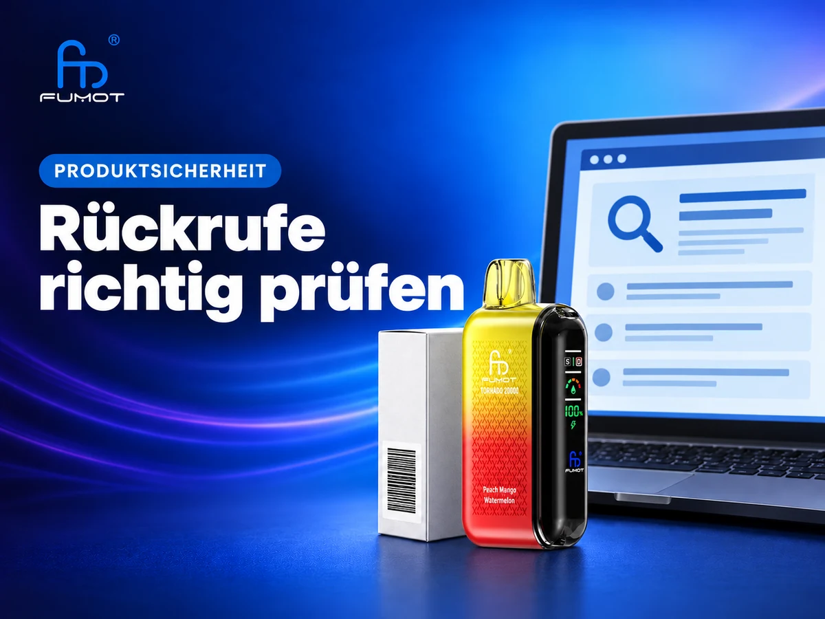 Fumot Tornado 20000 und eine schematische Verpackung vor einem Laptop mit Suchsymbol und anonymen Einträgen.