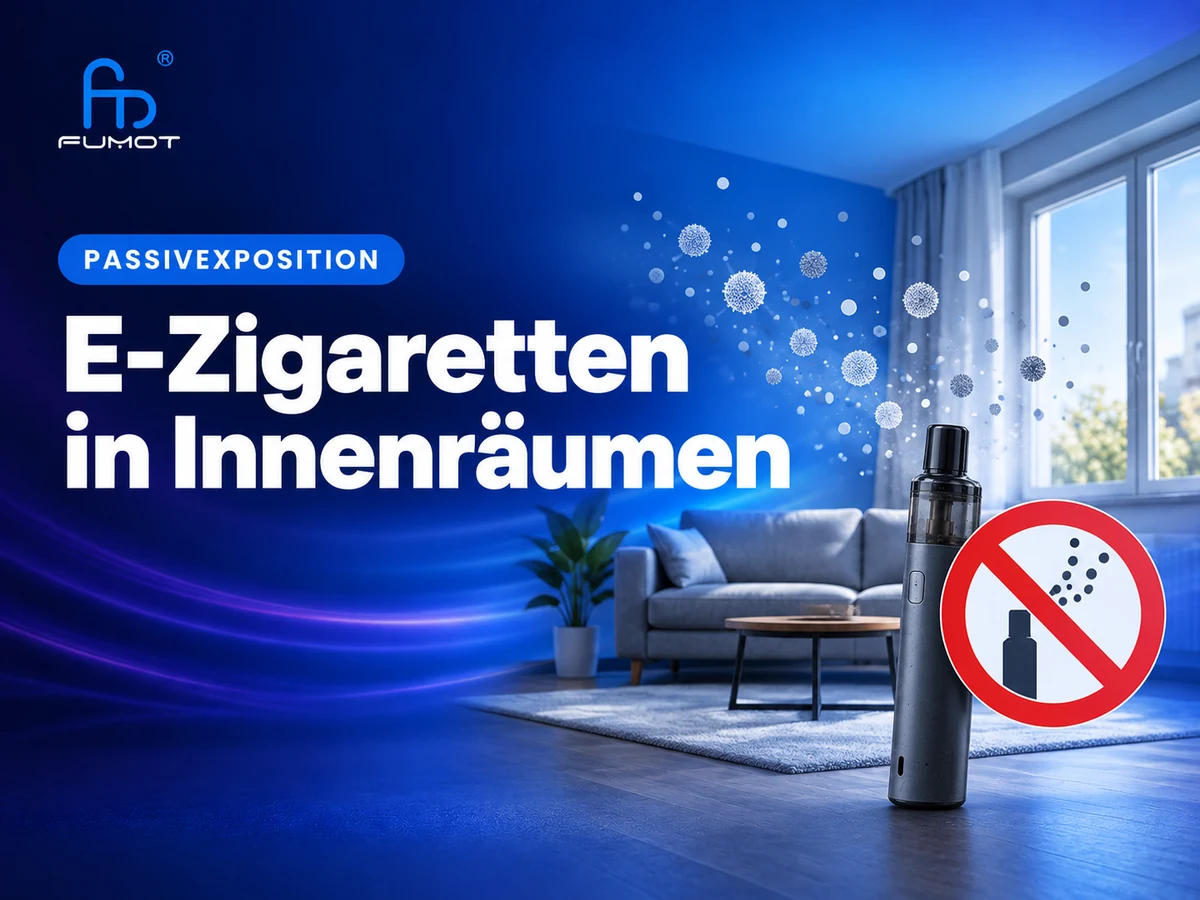E-Zigarette neben einem Verbotssymbol vor einem Wohnraum mit schematischen Aerosolpartikeln.
