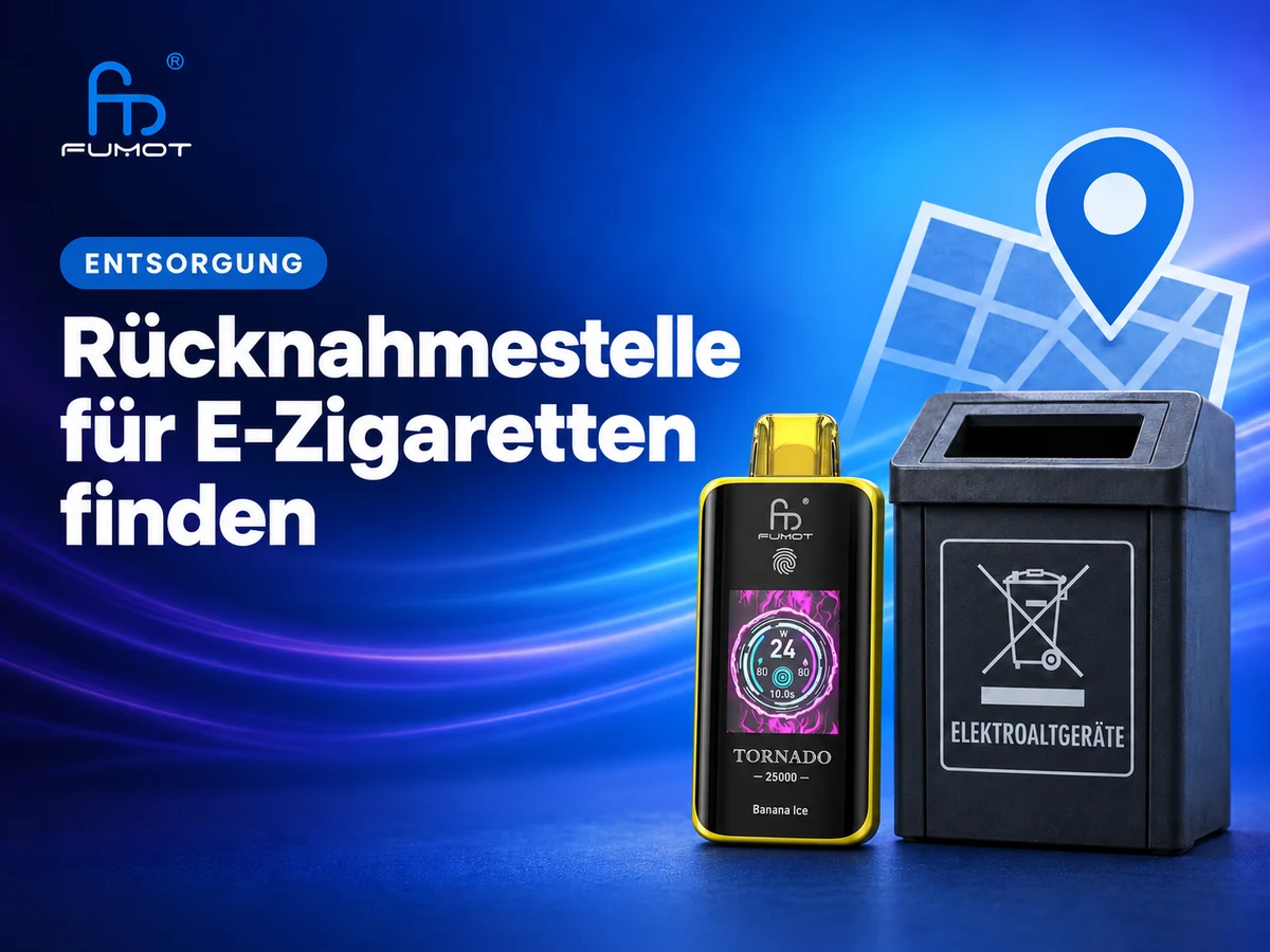Fumot Tornado 25000 neben einer Sammelbox für Elektroaltgeräte, einer Karte und einer Standortmarkierung.