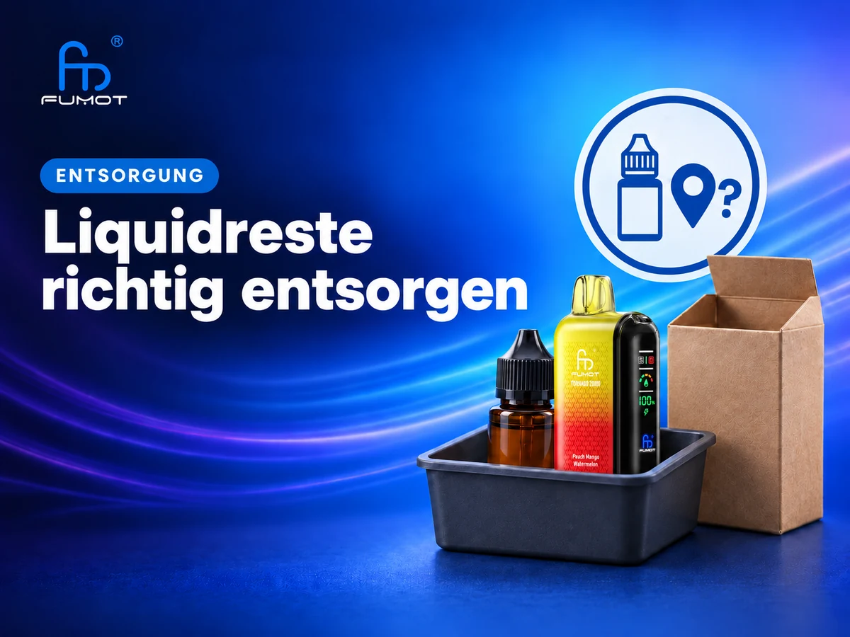 Fumot Tornado 20000 und verschlossene Liquidflasche in einer Schale, daneben eine leere Verpackung und ein Symbol für die Suche nach einer Sammelstelle.